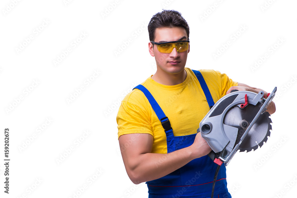 Carpenter wearing coveralls with circular saw isolated on white Carpenter wearing coveralls with circular saw isolated on white