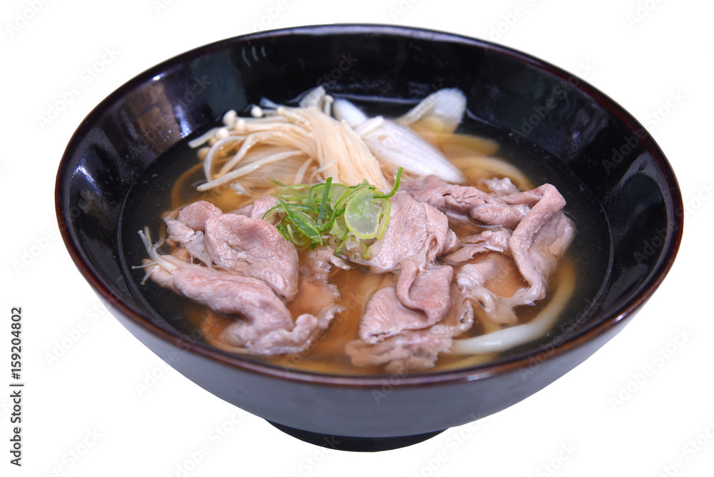 Beef Udon noodles , Japanese food style isolated on white background with clipping path Beef Udon noodles , Japanese food style isolated on white background with clipping path