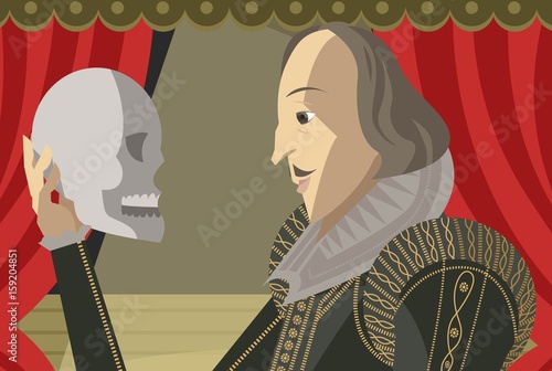 great english paywright writer holding an skull on theater stage