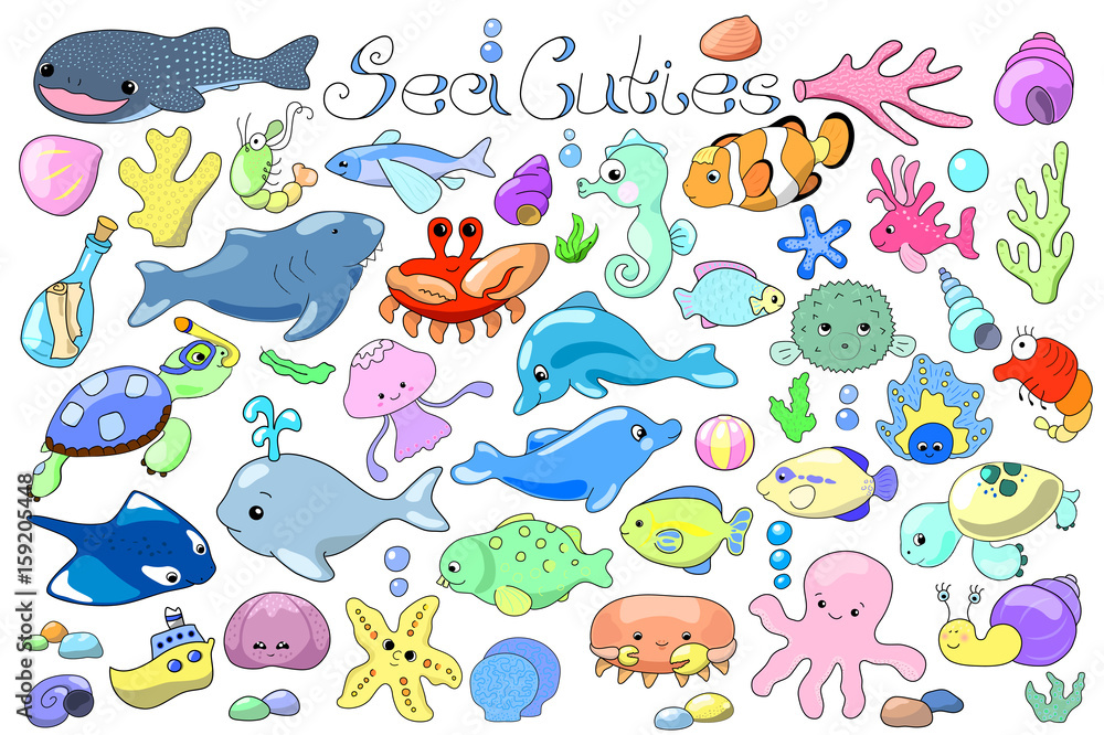 Sea animals and fishes doodle. Marine animals cartoon vector illustration. Sea animals and fishes doodle. Marine animals cartoon vector illustration.