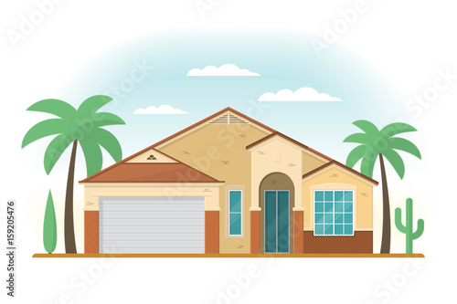 Frontview of USA Arizona style suburban private house. Flat desi