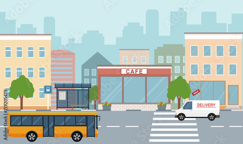 City life illustration with house facades, road  and other urban details.  Flat style, vector.