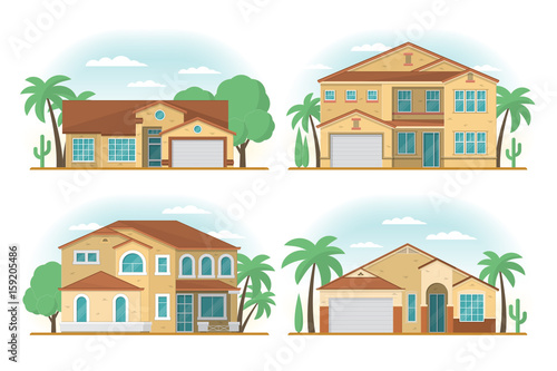Set of Frontview of USA Arizona style suburban private houses. F