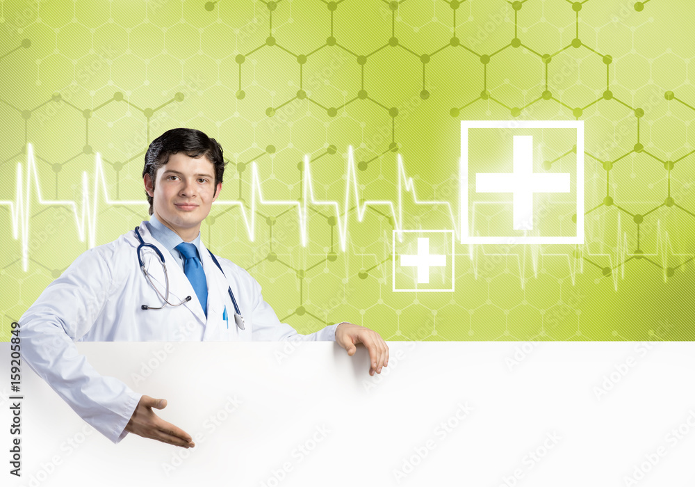 Doctor with banner Doctor with banner