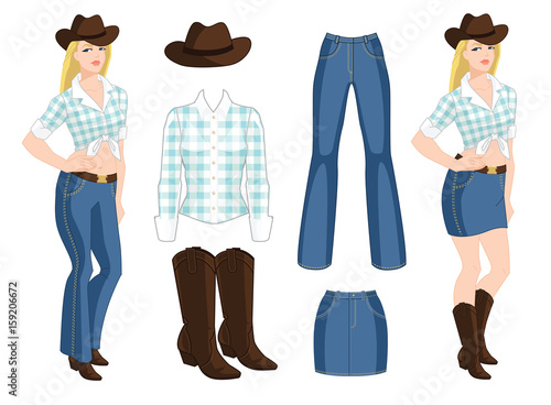 Vector illustration of blond cowgirl. Blue jeans, denim skirt, hat and boots on white background. Country style of clothes on white background