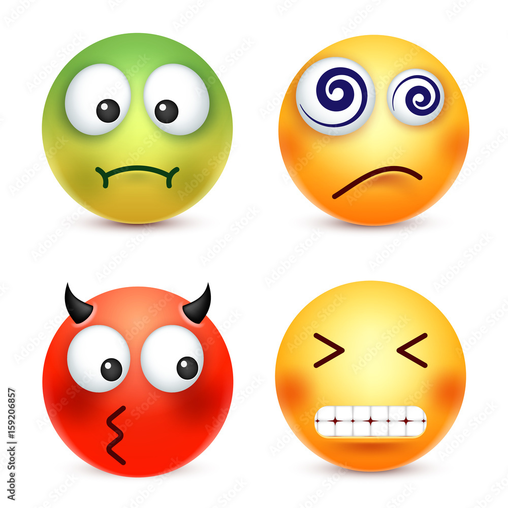 Smiley,emoticons set. Yellow face with emotions. Facial expression. 3d realistic emoji. Funny cartoon character.Mood. Web icon. Vector illustration. Smiley,emoticons set. Yellow face with emotions. Facial expression. 3d realistic emoji. Funny cartoon character.Mood. Web icon. Vector illustration.