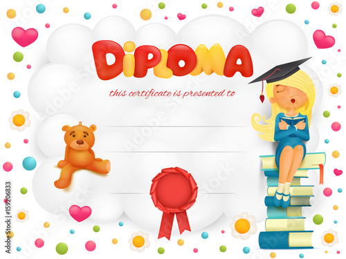 Diploma template certificate with student girl and teddy bear