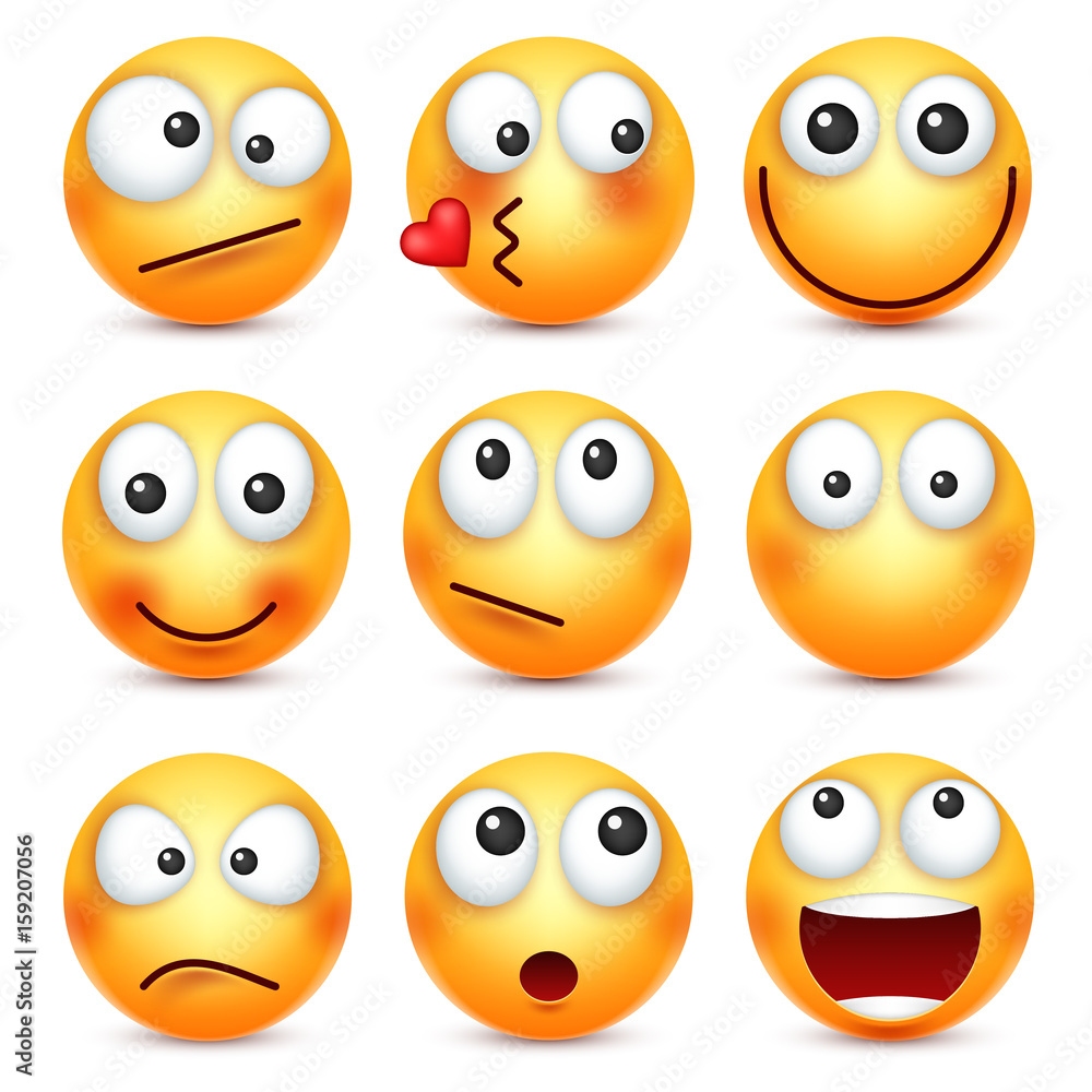 Smiley,emoticons set. Yellow face with emotions. Facial expression. 3d  realistic emoji. Funny cartoon . Web icon. Vector  illustration. Stock Vector | Adobe Stock