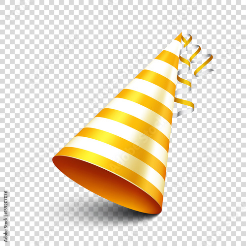 Party shiny hat with ribbon. Holiday decoration.Celebration.Birthday.Vector illustration on transparent background.