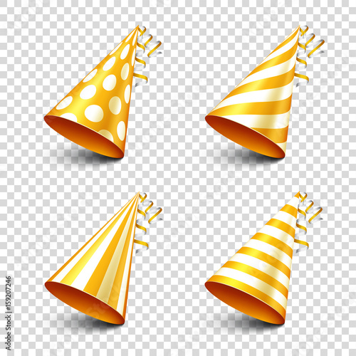 Party shiny hat with ribbon. Holiday decoration.Celebration.Birthday.Vector illustration on transparent background. Set.