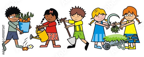 gardening, group of kids,boys and girls work in the garden, garden tools