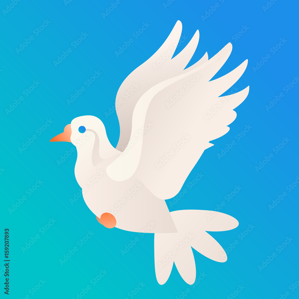 Vector beautiful white dove on blue sky background simple style peace symbol bird icon Vector beautiful white dove on blue sky background simple style peace symbol bird icon