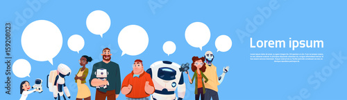 People Group Using Modern Robots, Robotic Assistance Artificial Intelligence Concept Flat Vector Illustration