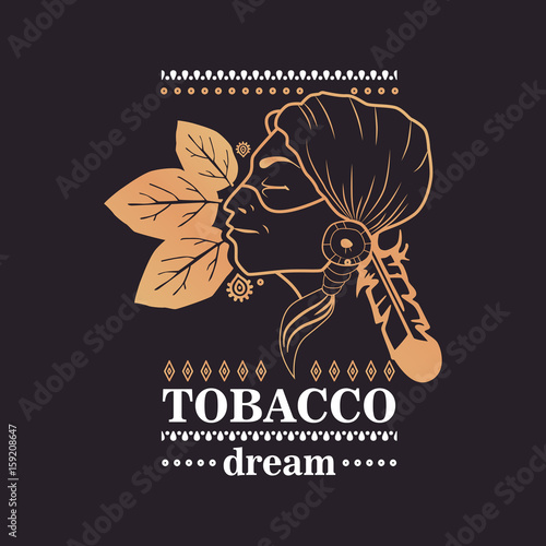 Logo indian girl with tobacco leaves and word tobacco dream on black background.