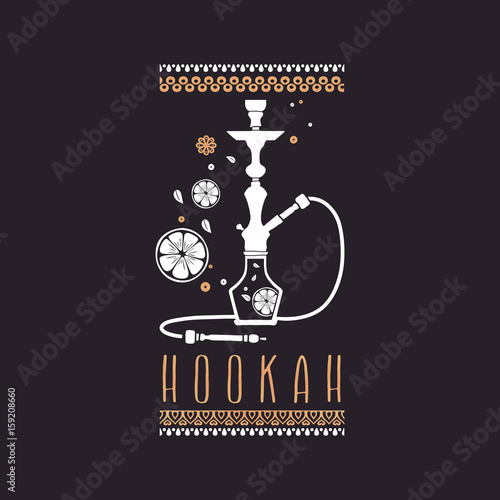 Logo white hookah and fruit on black background.