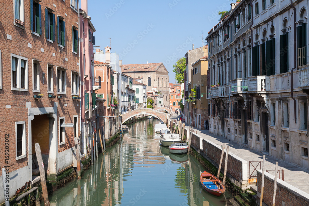 Venice,Veneto,  Italy. View along Rio Santa Catarina canal in Cannaregio towards Scuola Grande Misericordia             