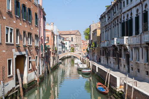 Venice,Veneto, Italy. View along Rio Santa Catarina canal in Cannaregio towards Scuola Grande Misericordia 