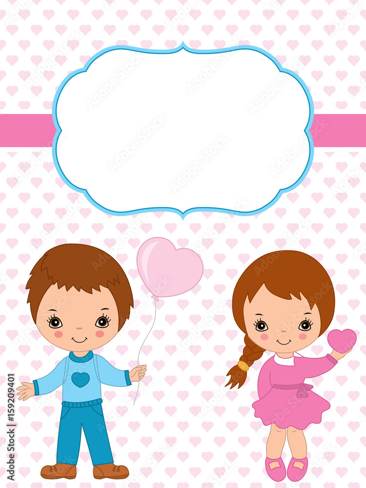 Vector Valentine's Card Template with Cute Little kids on Hearts Background. Vector Valentine's Card Template with Cute Little kids on Hearts Background.