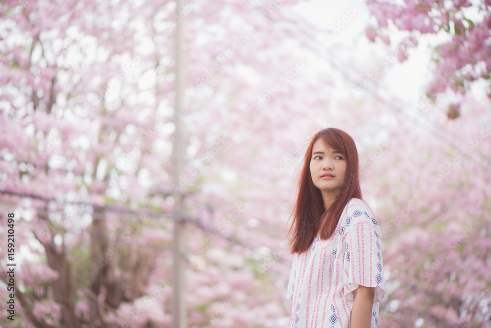 Happy woman traveler relax feel free with cherry blossoms or sakura flower tree on vacation Happy woman traveler relax feel free with cherry blossoms or sakura flower tree on vacation