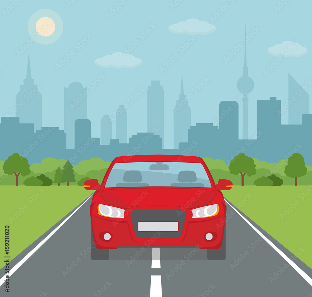 Picture of car on the road with city silhouette on background. Flat style, vector illustration. 

