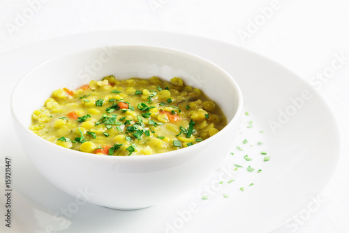 split green pea soup with carrot, onion, celery, and parsley