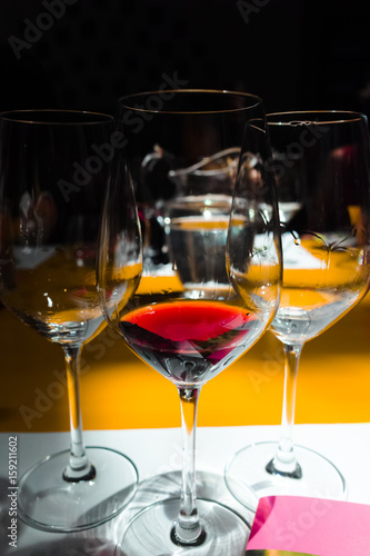 Red wine tasting on winery, wineglass