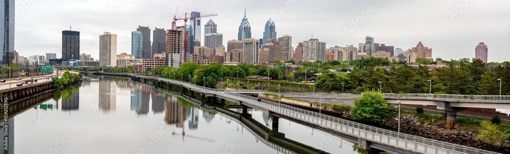 Philadelphia skyline with walking path and reflection Philadelphia skyline with walking path and reflection