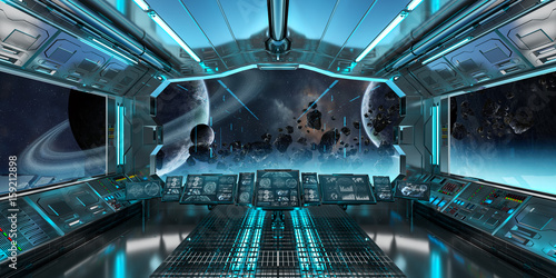 Fototapeta Naklejka Na Ścianę i Meble -  Spaceship interior with view on distant planets system 3D rendering elements of this image furnished by NASA