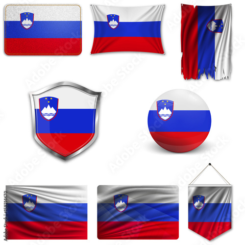 Set of the national flag of Slovenia in different designs on a white background. Realistic vector illustration.