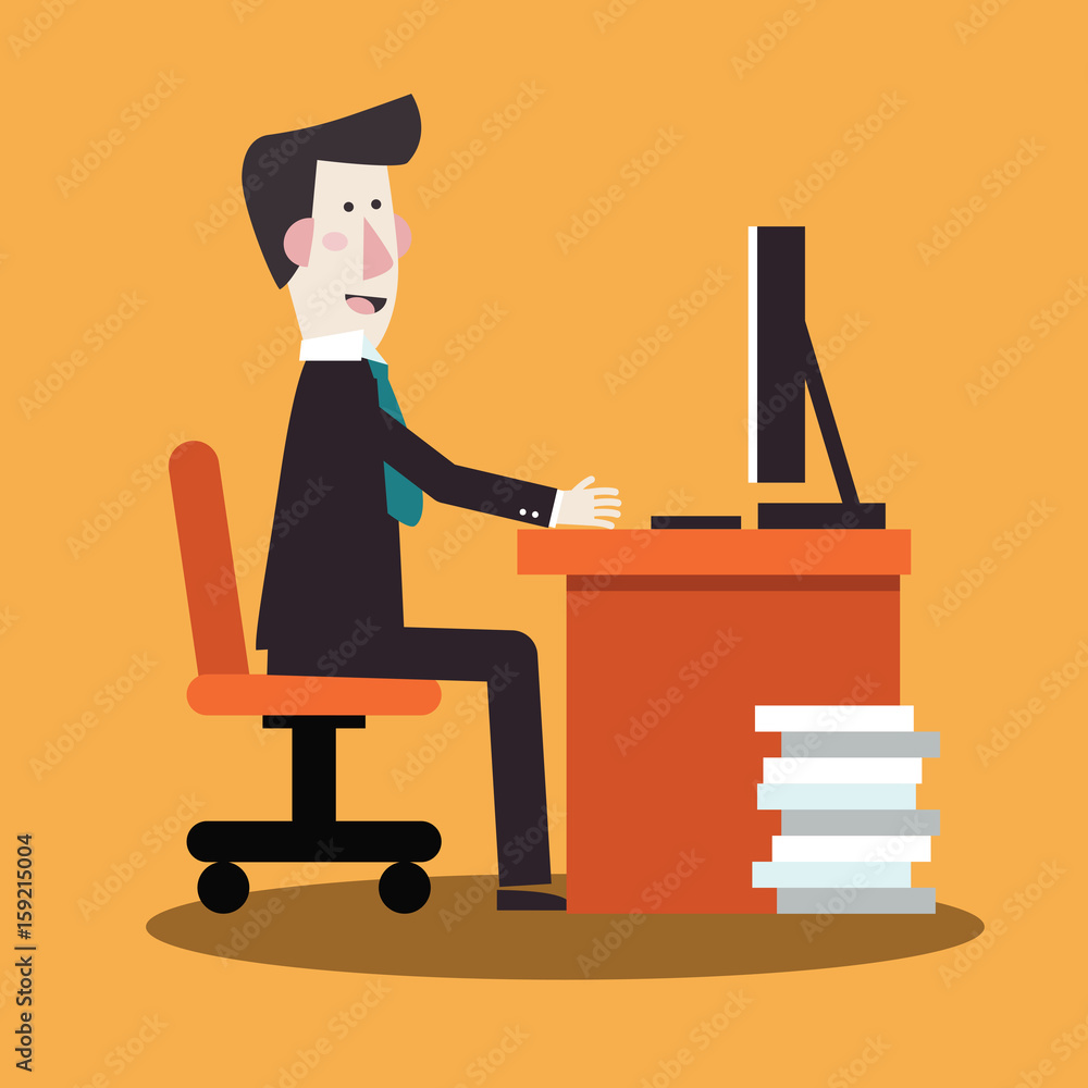Happy businessman working in office at computer Happy businessman working in office at computer