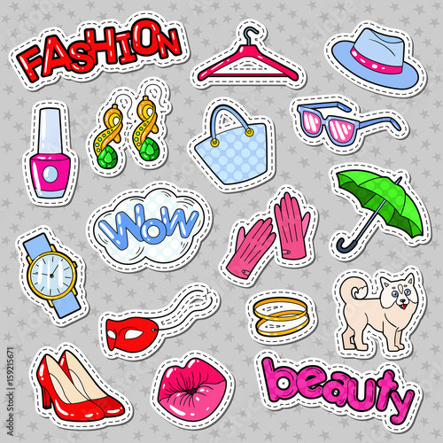 Woman Fashion Stickers, Badges and Patches with Accessories and Clothes. Vector illustration