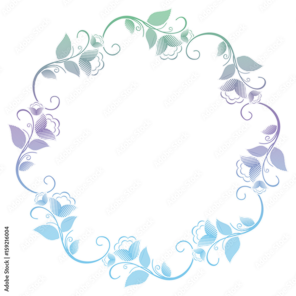Beautiful round frame with gradient filled. Color elegant flower frame for advertisements, flyer, web, wedding and other invitations or greeting cards. Raster clip art.