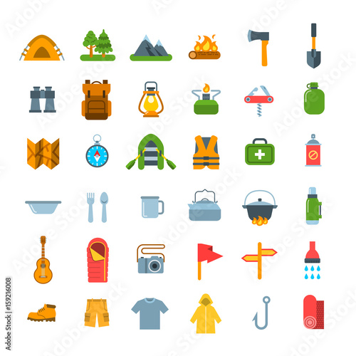 Summer camping icons. Vector flat graphics. Outdoor recreational activity. Hiking tourism tools, clothes and objects. Wild nature travel. Forest camp equipment. Mountain exploring expedition