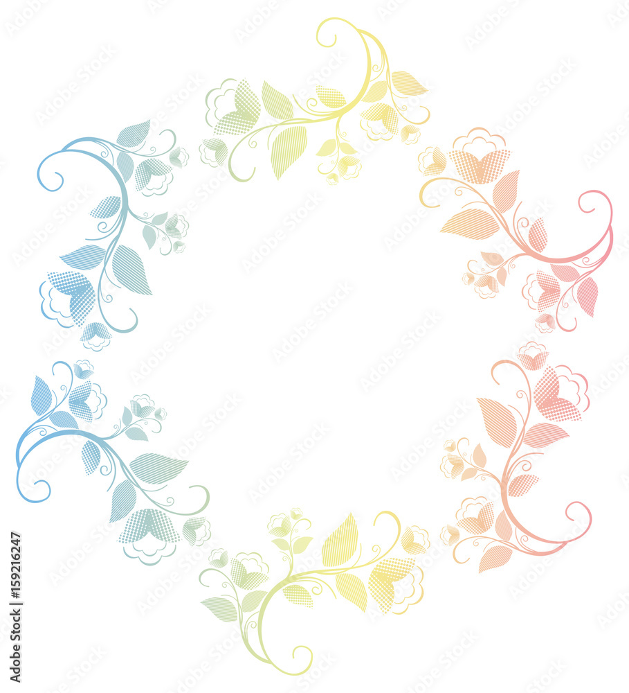 Beautiful round frame with gradient filled. Color elegant flower frame for advertisements, flyer, web, wedding and other invitations or greeting cards. Raster clip art. Beautiful round frame with gradient filled. Color elegant flower frame for advertisements, flyer, web, wedding and other invitations or greeting cards. Raster clip art.