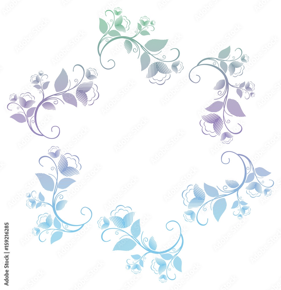 Beautiful round frame with gradient filled. Color elegant flower frame for advertisements, flyer, web, wedding and other invitations or greeting cards. Raster clip art. Beautiful round frame with gradient filled. Color elegant flower frame for advertisements, flyer, web, wedding and other invitations or greeting cards. Raster clip art.