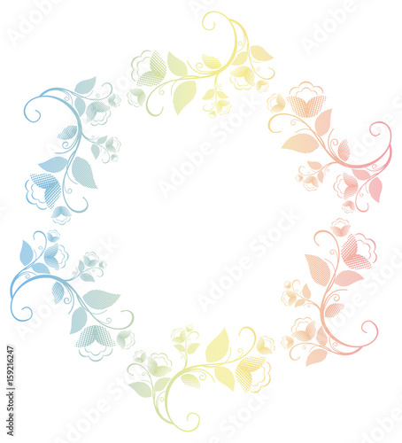 Beautiful round frame with gradient filled. Color elegant flower frame for advertisements, flyer, web, wedding and other invitations or greeting cards. Raster clip art.