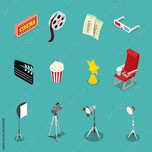 Isometric Cinema Icons with Film Reel, Glasses and Movie Making Equipment. Vector flat 3d illustration