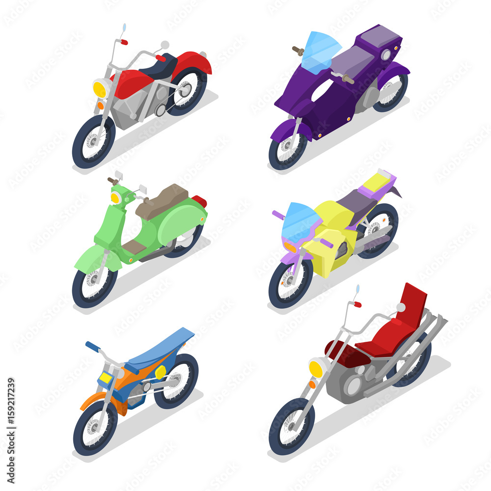 Obraz premium Zestaw izometryczny motocykl z motocross i rower rowerzysta. Wektorowa płaska 3d ilustracja
