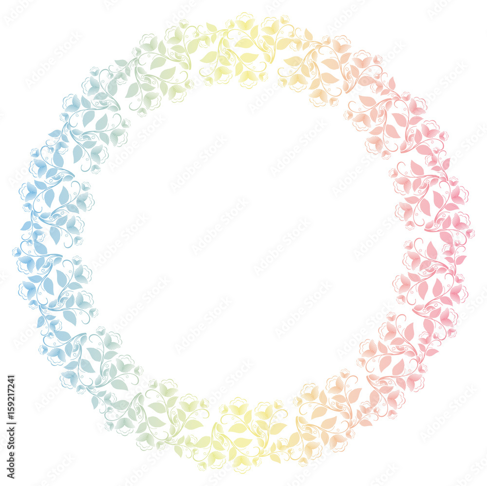 Beautiful round frame with gradient filled. Color elegant flower frame for advertisements, flyer, web, wedding and other invitations or greeting cards. Raster clip art. Beautiful round frame with gradient filled. Color elegant flower frame for advertisements, flyer, web, wedding and other invitations or greeting cards. Raster clip art.
