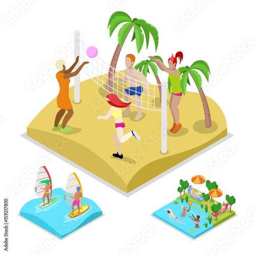 Isometric Outdoor Beach Volleyball, Surfing and Water Polo. Healthy Lifestyle and Recreation. Vector flat 3d illustration