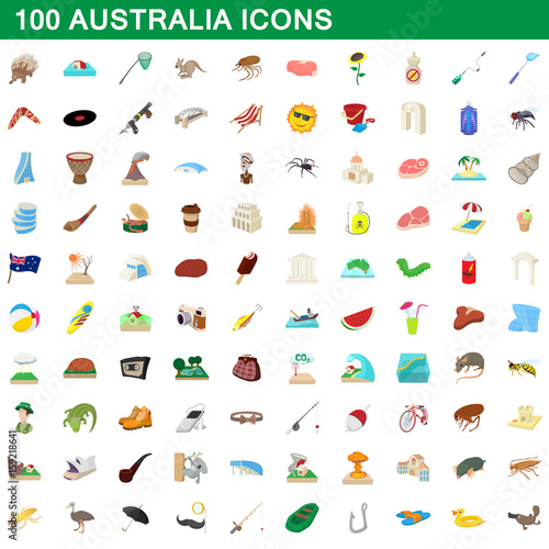100 australia icons set, cartoon style