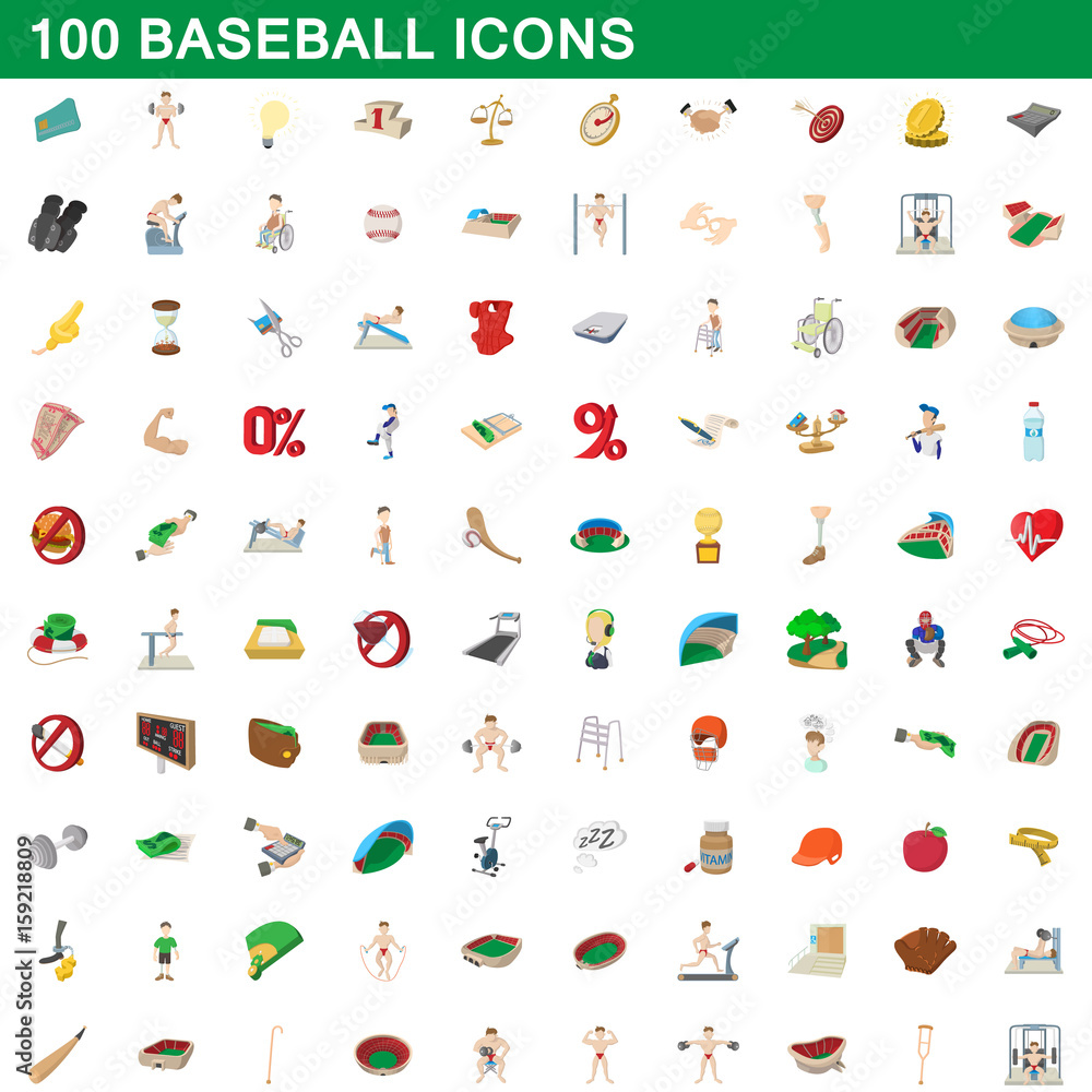 100 baseball icons set, cartoon style 100 baseball icons set, cartoon style