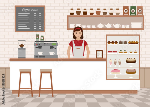 Coffee shop interior. Young woman standing behind bar counter. Flat design vector illustration.
