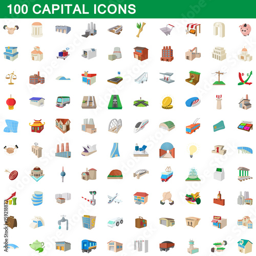 100 capital icons set, cartoon style