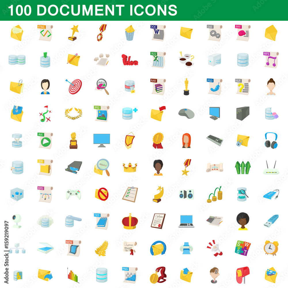 100 document icons set, cartoon style 100 document icons set, cartoon style