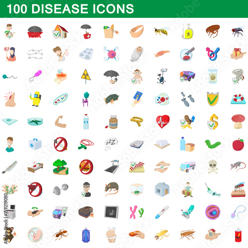 100 disease icons set, cartoon style