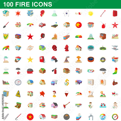100 fire icons set, cartoon style