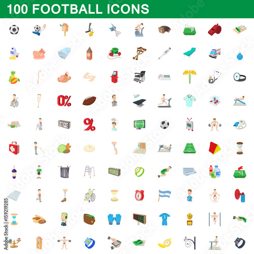 100 football icons set, cartoon style