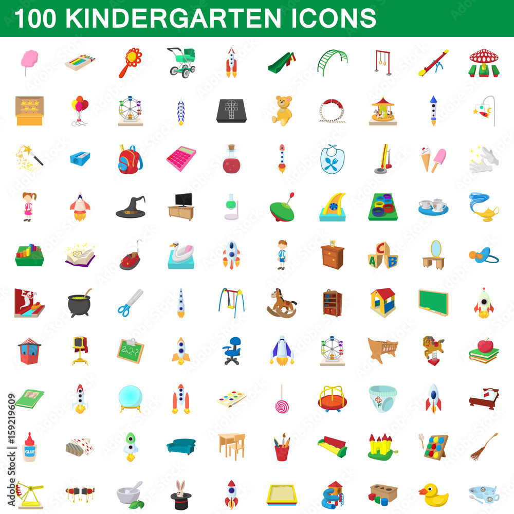 100 kindergarten icons set, cartoon style 100 kindergarten icons set, cartoon style