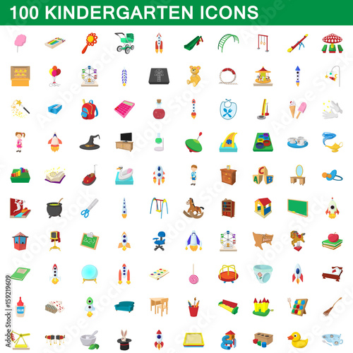 100 kindergarten icons set, cartoon style